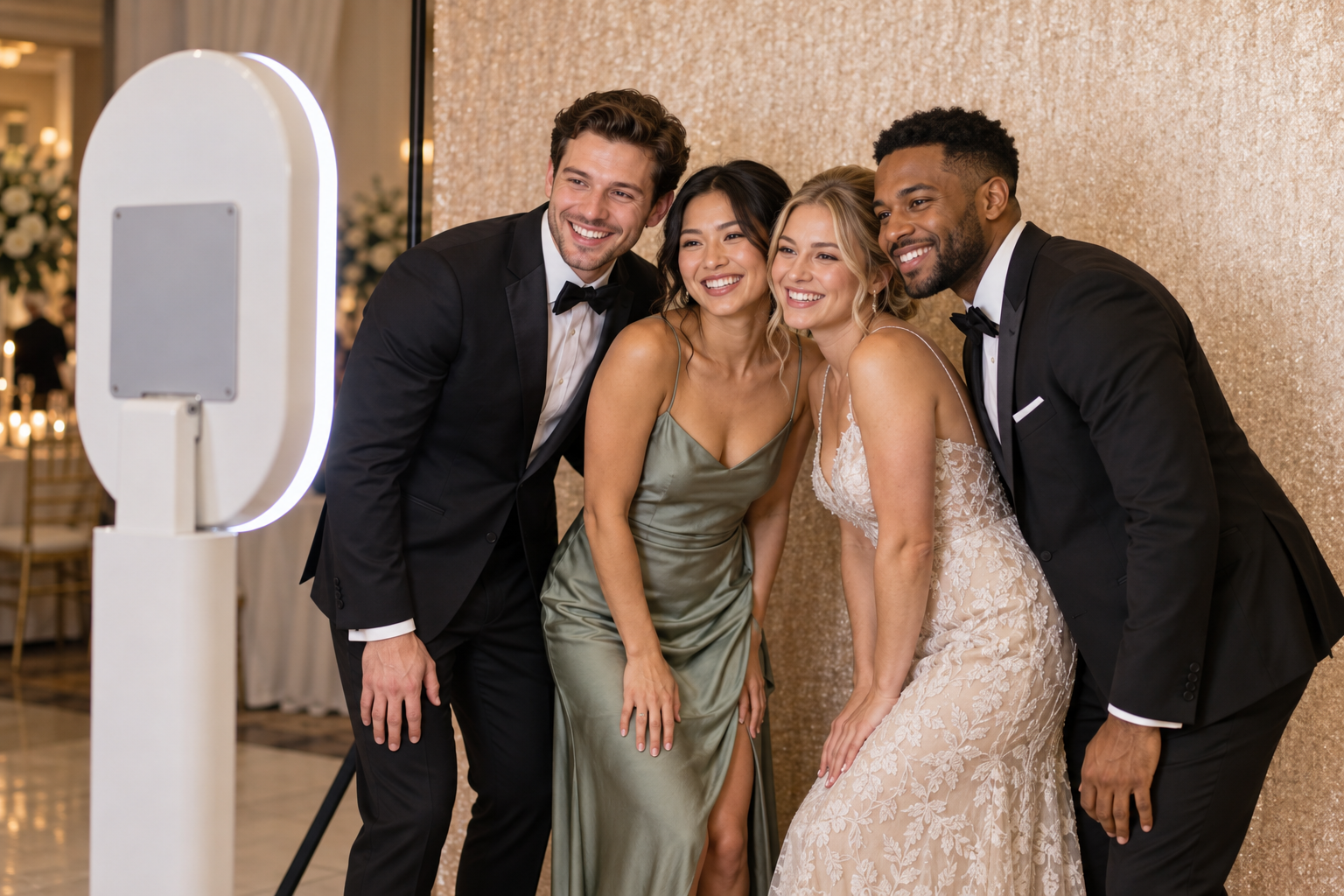 Illustrative image of wedding guests posing at a freestanding open-air photo booth